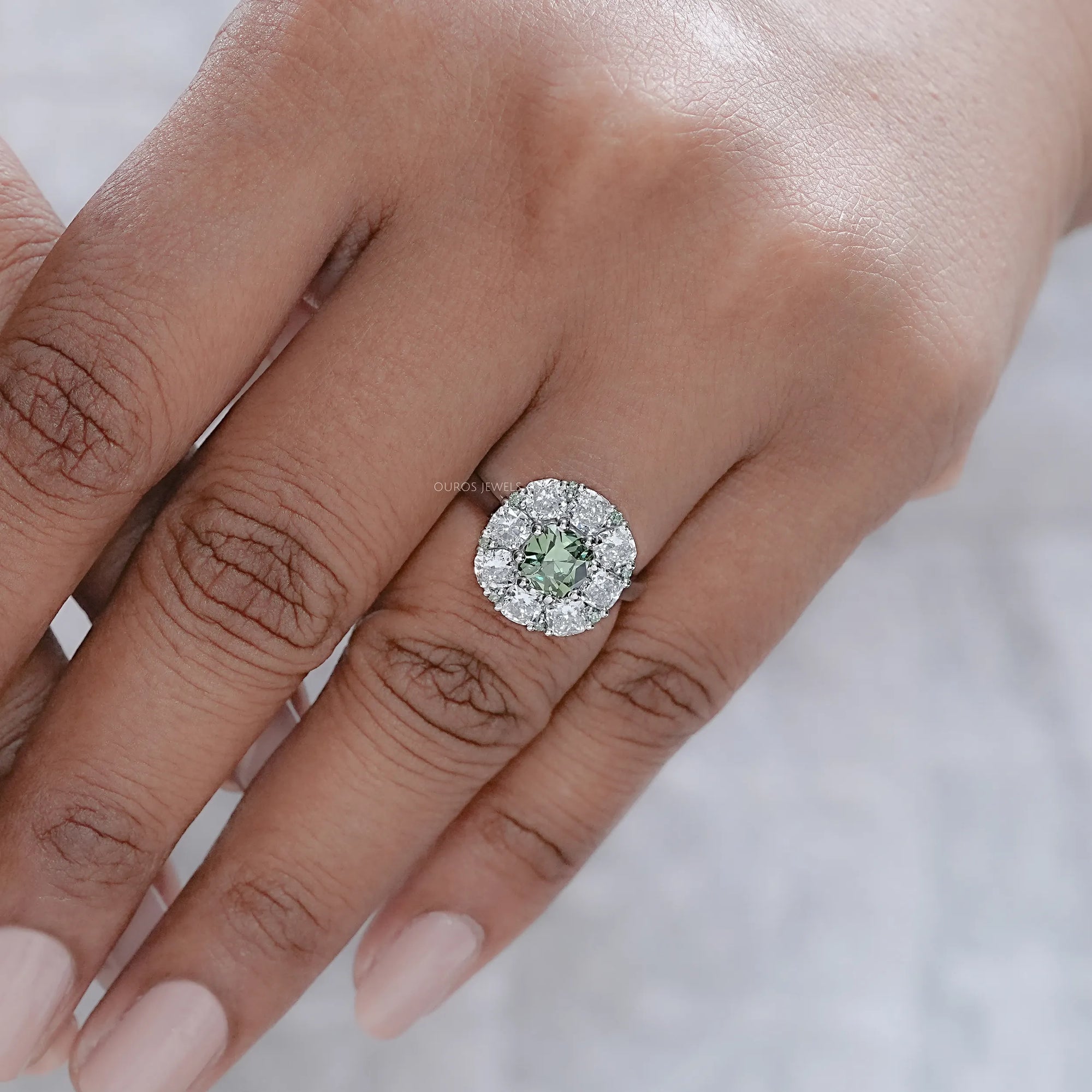 Green Cushion Cut Lab Diamond Halo Engagement Ring Ring