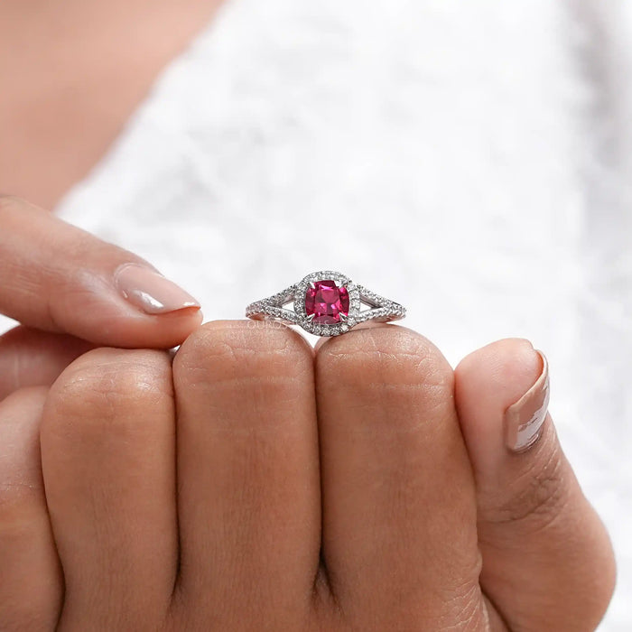 Ruby Cushion Gemstone Split Shank Halo Ring