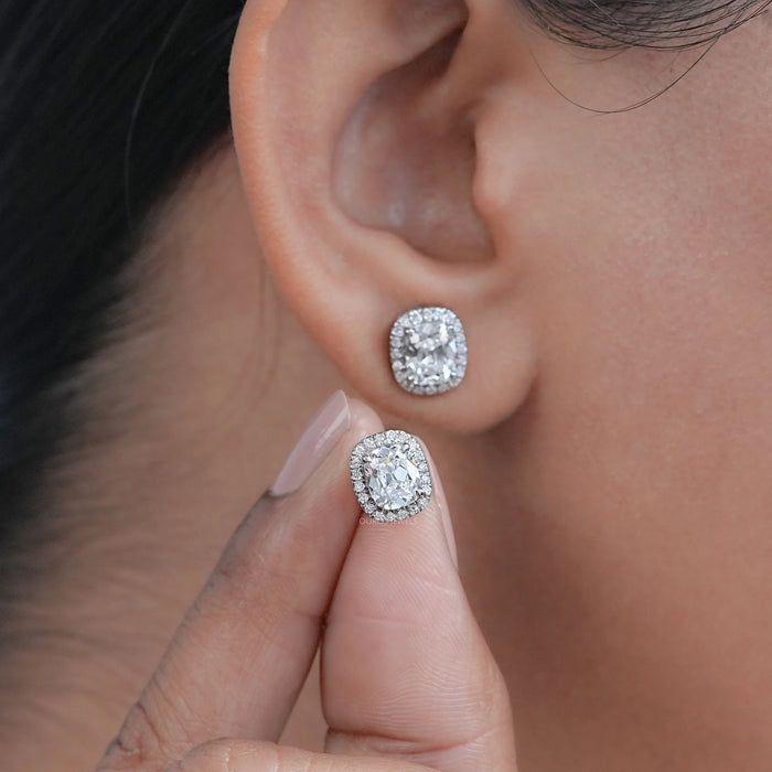 Cushion Cut Halo Stud Earrings With Old Mine