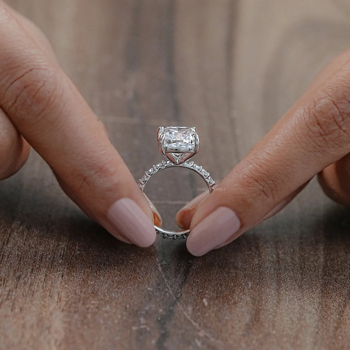 close view of square cushion-cut lab diamond eternity engagement ring