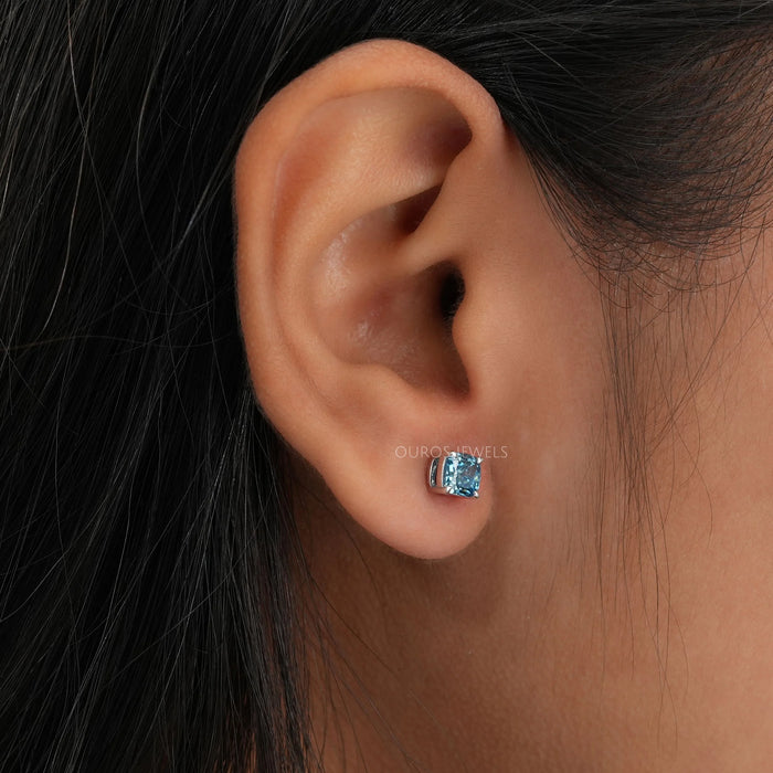 Blue Cushion Cut Lab Diamond Stud Earrings