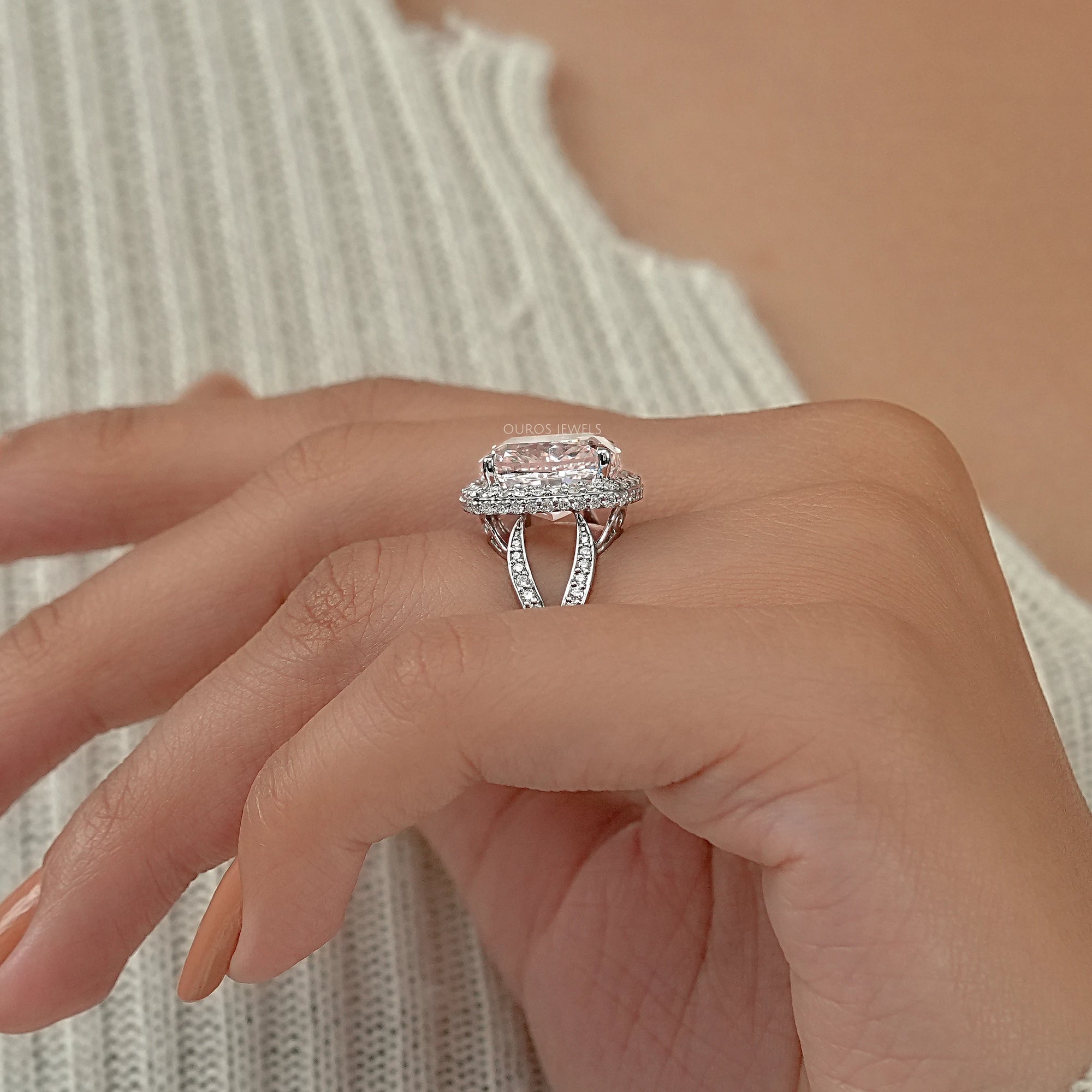 Intense Pink Cushion Lab Diamond Halo Engagement Ring Ring