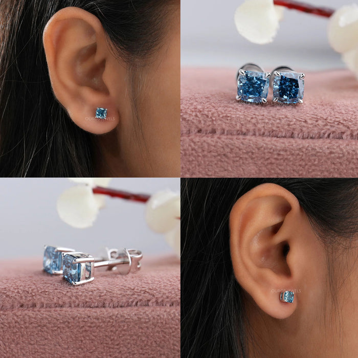 Blue Cushion Cut Lab Diamond Stud Earrings