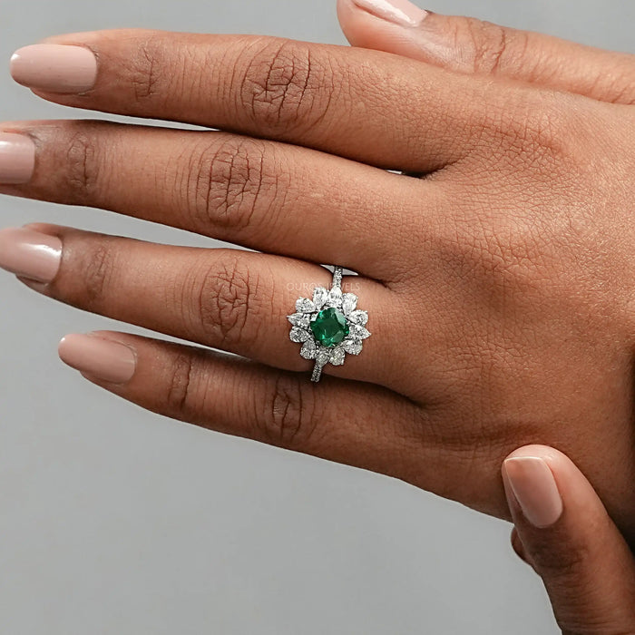 Green Cushion And Lab Diamond Halo Ring