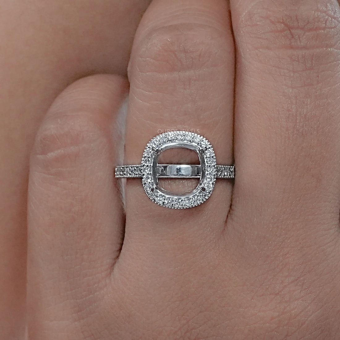 Cushion Shape Halo With Accent Semi mount Ring