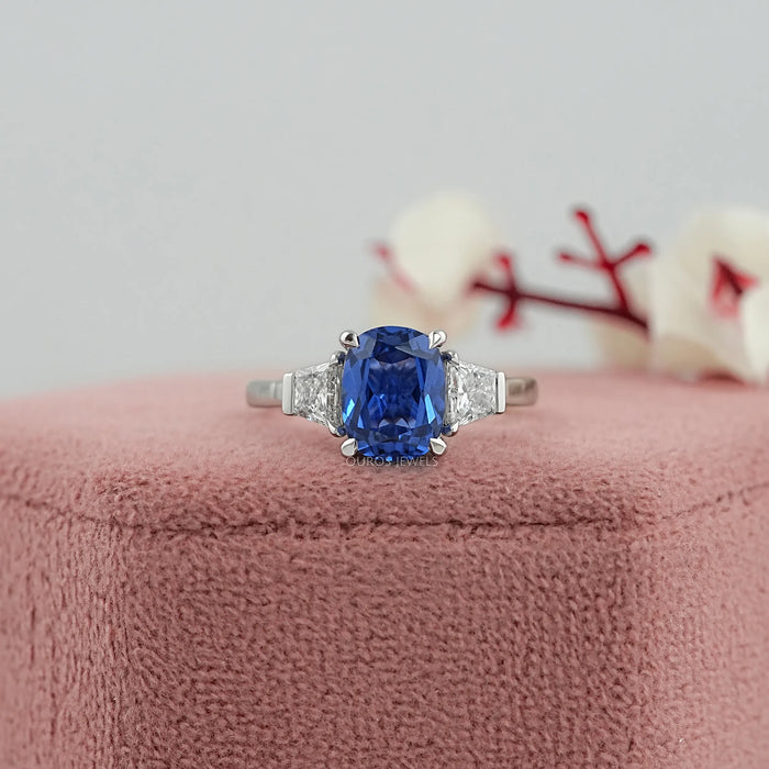 Sapphire Cushion Gemstone With Trapezoid Diamond  Ring