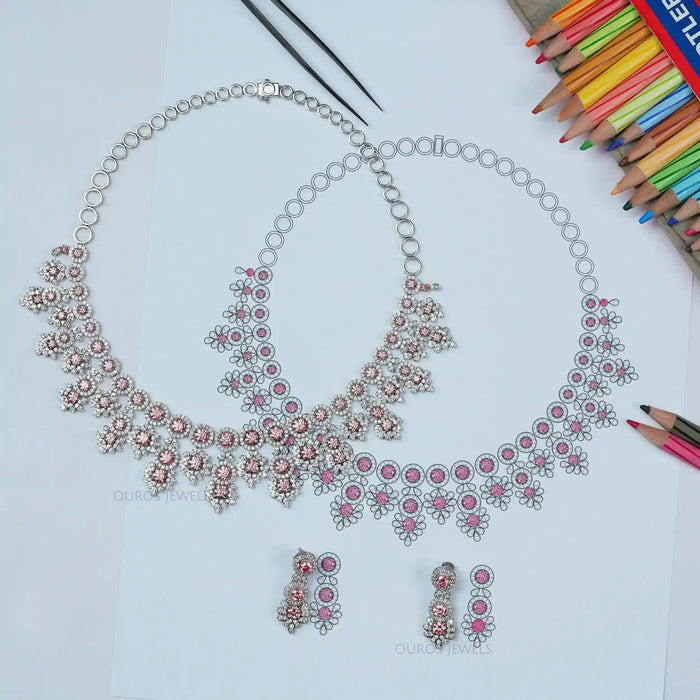 pink round diamond necklace bridal set