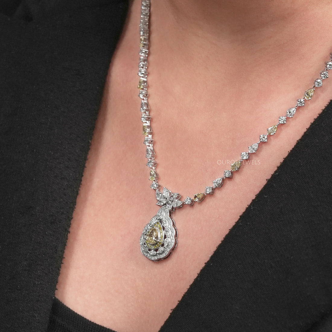 Yellow Pear And White Diamond Teardrop Necklace Necklaces