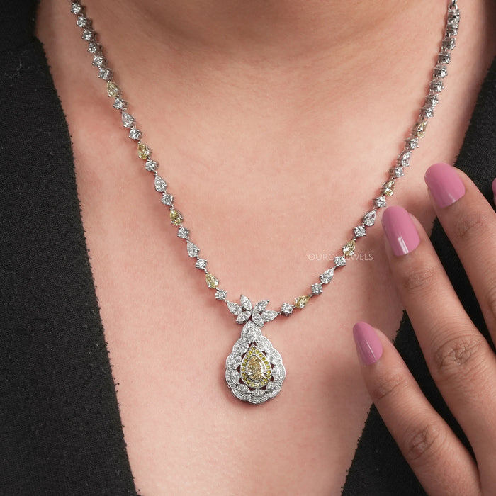 Yellow Pear And White Diamond Teardrop Necklace