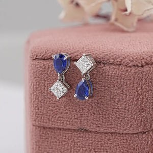 Pear Sapphire And  Princess Diamond Two Stone Earrings