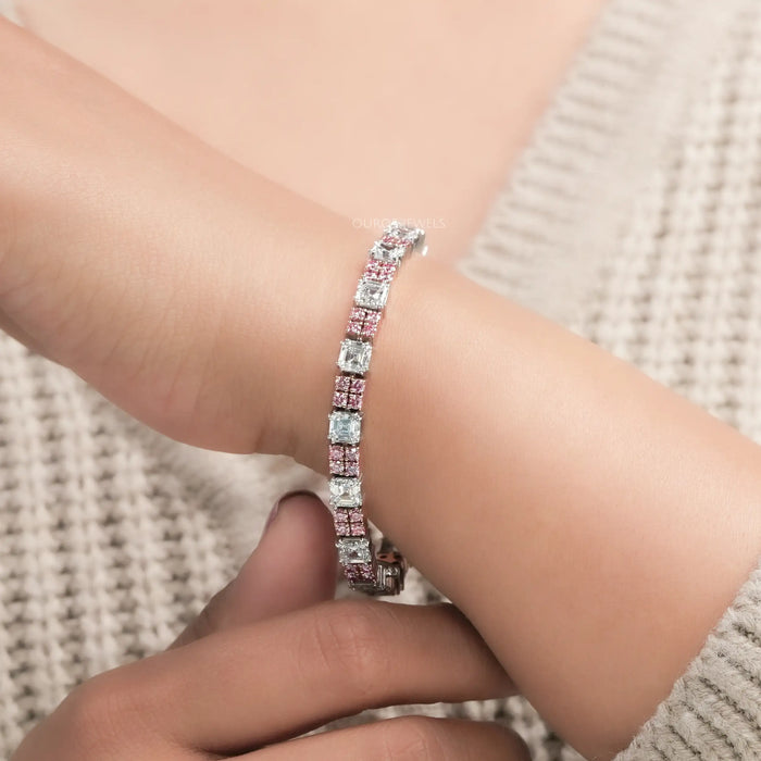 Asscher Cut Pink Round Lab Diamond Tennis Bracelet