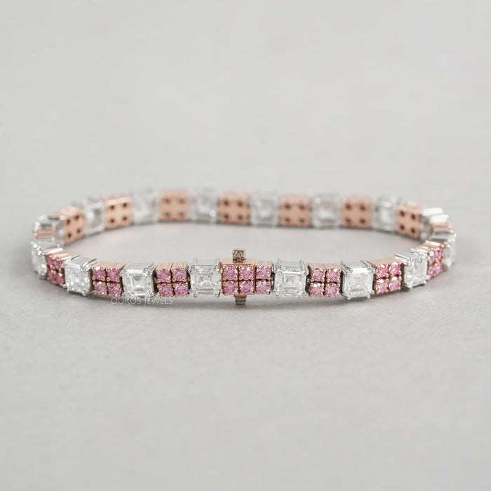 Asscher Cut Pink Round Lab Diamond Tennis Bracelet