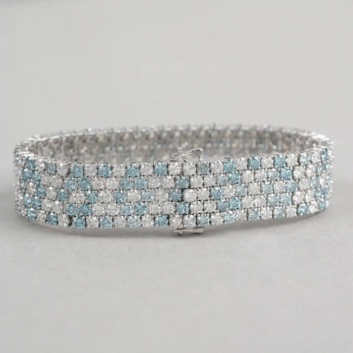 Fancy Blue Round Cut Lab  Diamond Wide Bracelet