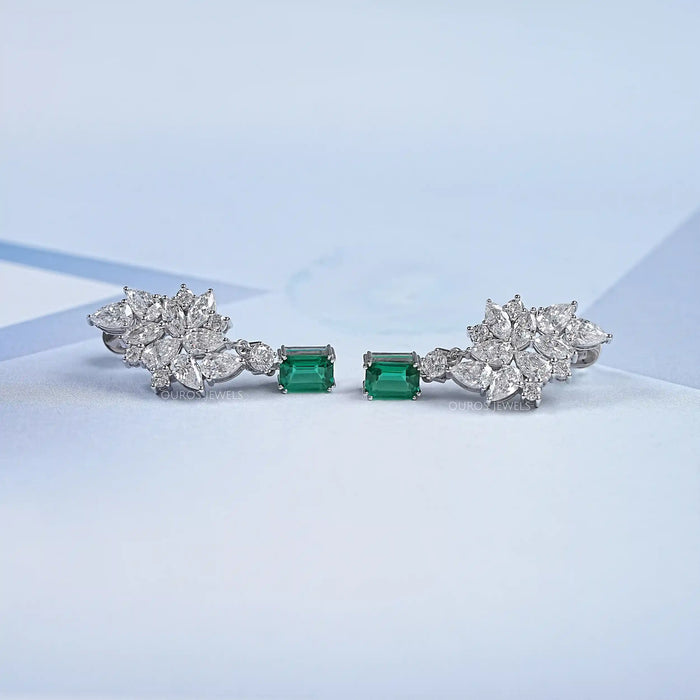 Green Emerald And Lab Diamond Cluster Drop Earrings