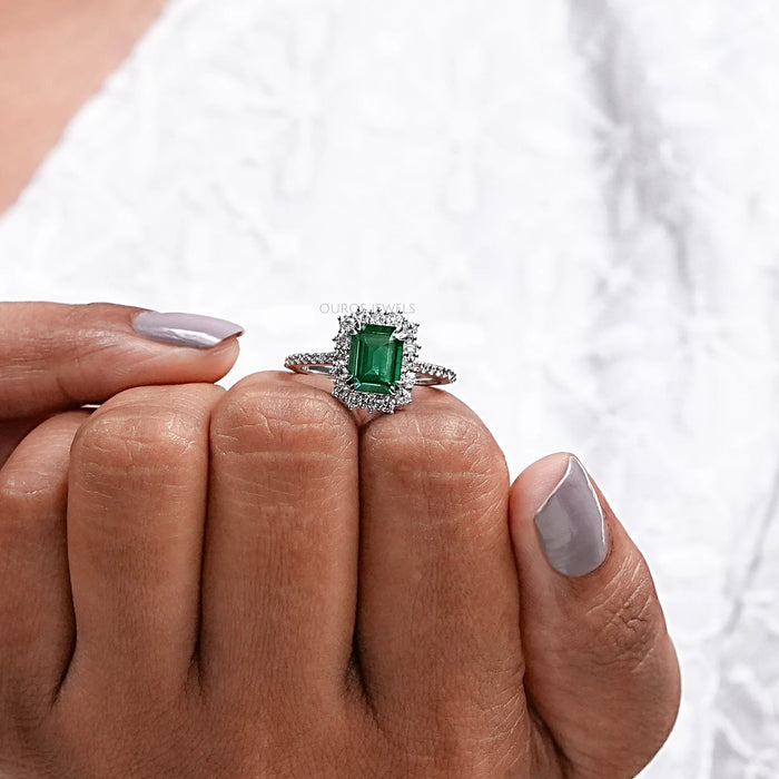 Halo With Accent Diamond Green Emerald Engagement Ring