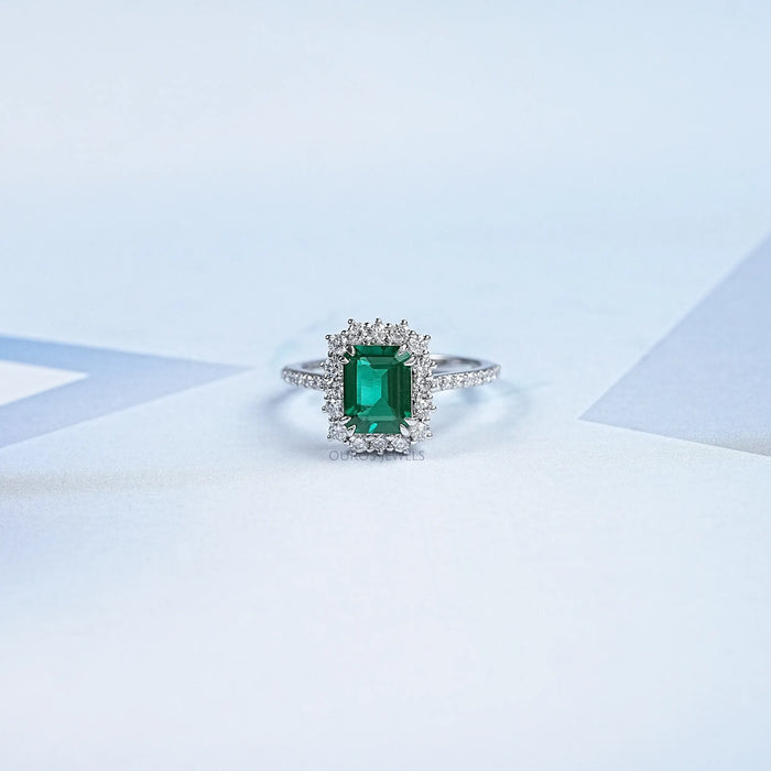 Halo With Accent Diamond Green Emerald Engagement Ring