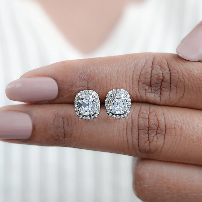 Cushion Cut Halo Stud Earrings With Old Mine