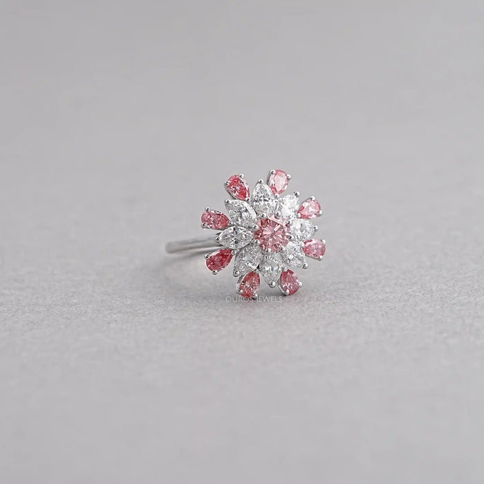 Floral Pink Round Diamond Engagement Ring