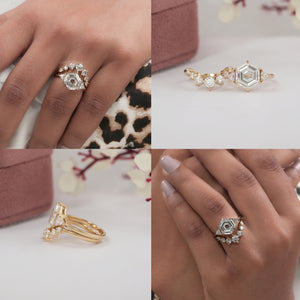 Antique Hexagon Cut Three Stone Curved Bridal Ring Set