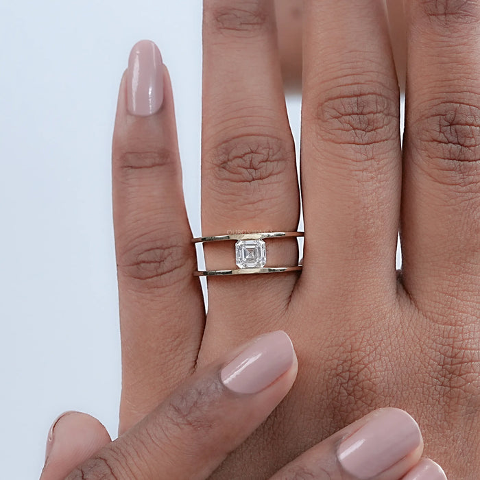 Asscher Lab Diamond Double Band Solitaire Ring