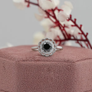 Double Halo Round Shape Black Diamond Engagement Ring