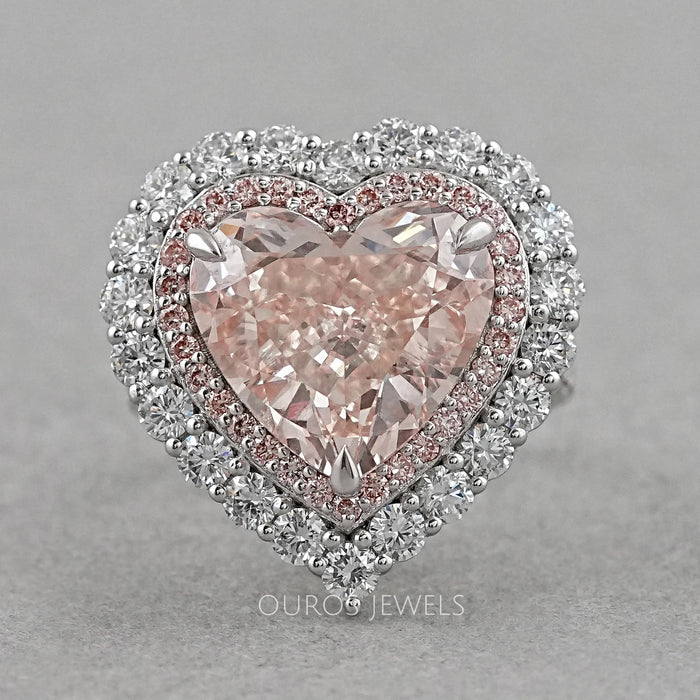front view of pink heart cut lab diamond double halo engagement ring