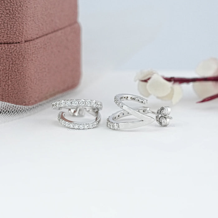 Double Row Round Diamond C Hoop Earrings