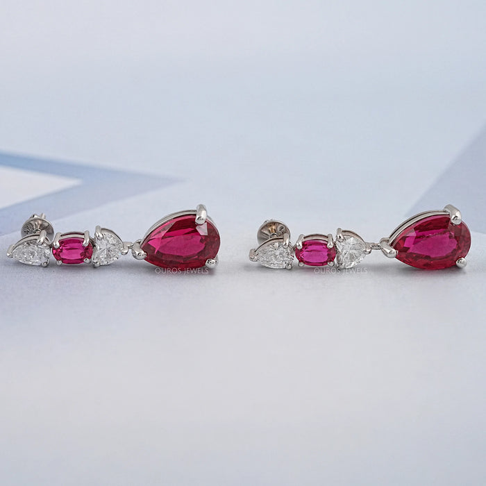 Red Ruby Pear Cut Lab Gemstone Drop Dangle Earrings