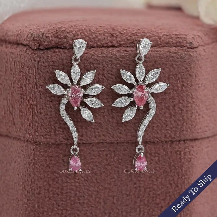 Pink Pear And Marquise Diamond Flower Drop Earrings
