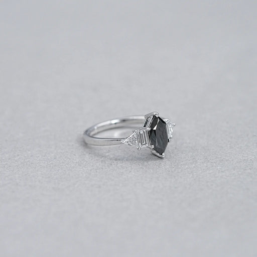 side view of dutch marquise black diamond five stone solitaire anniversary ring
