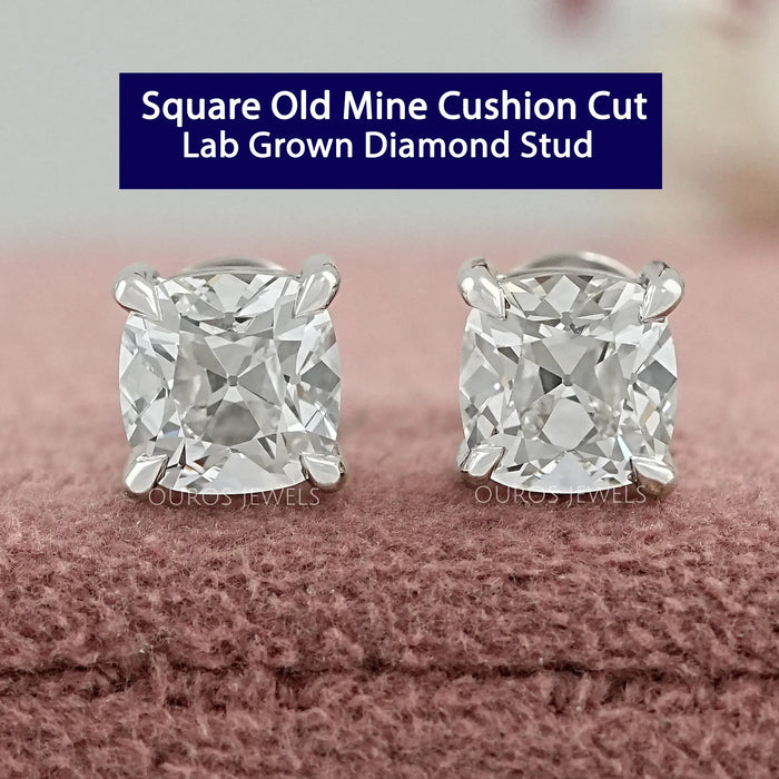 Square Old Mine Cushion Cut Lab Diamond Stud