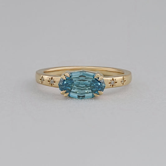 East-West Blue Step Cut Oval Accent Diamond Ring Rings