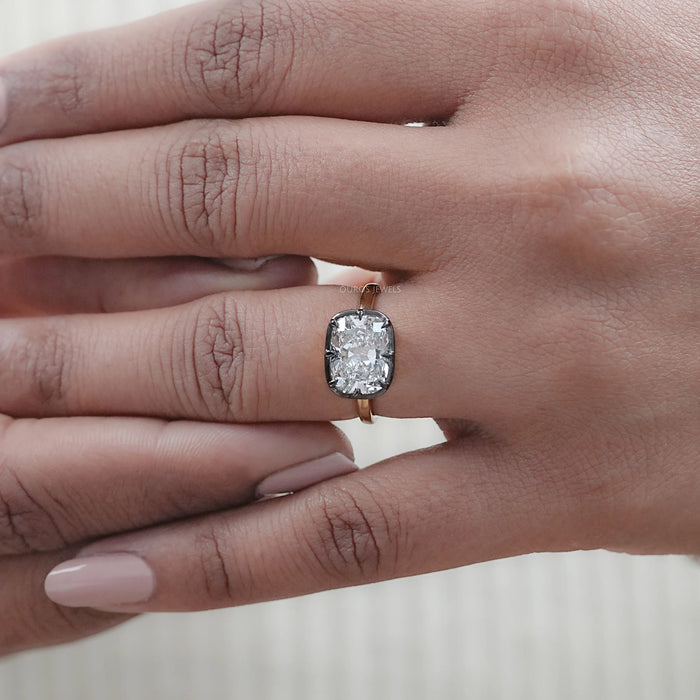 East West Cushion Diamond Black Coating Solitaire Ring