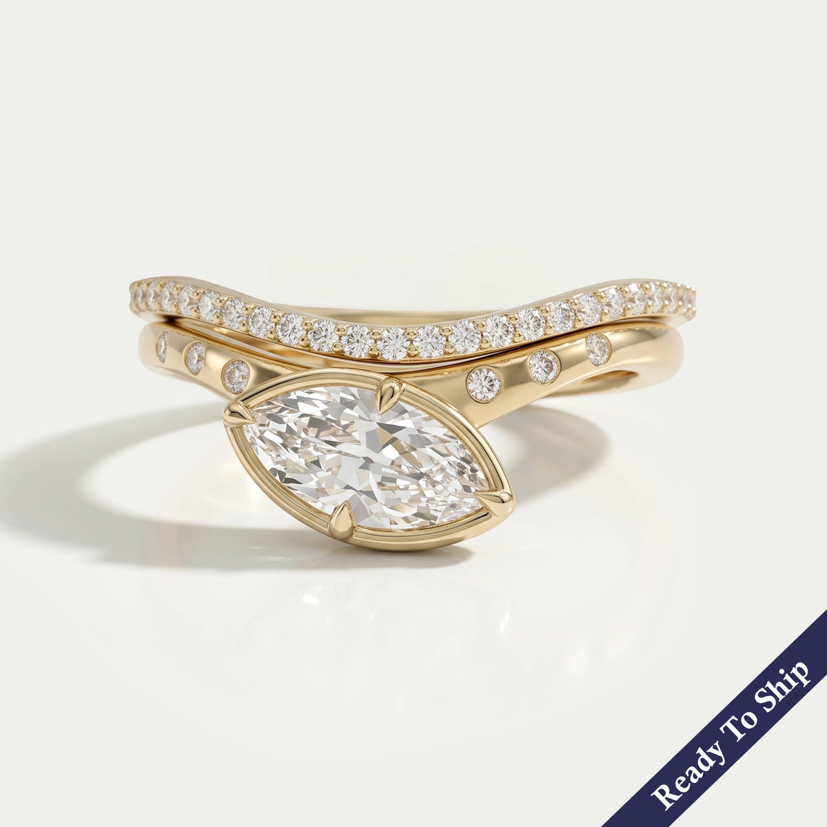 East West Old Mine Marquise Cut Curved Bridal Ring Set