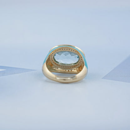 Blue Topaz East West Oval With Enamel Cocktail Ring Rings