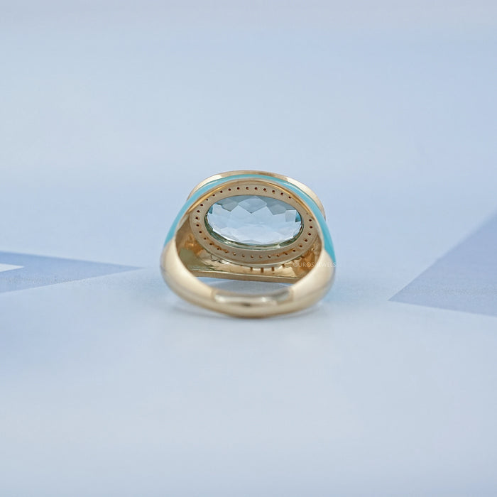 back view of east-west oval lab diamond blue topaz enamel cocktail ring