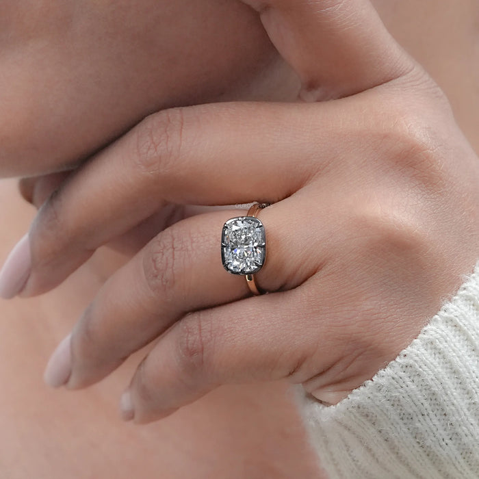 East West Cushion Diamond Black Coating Solitaire Ring