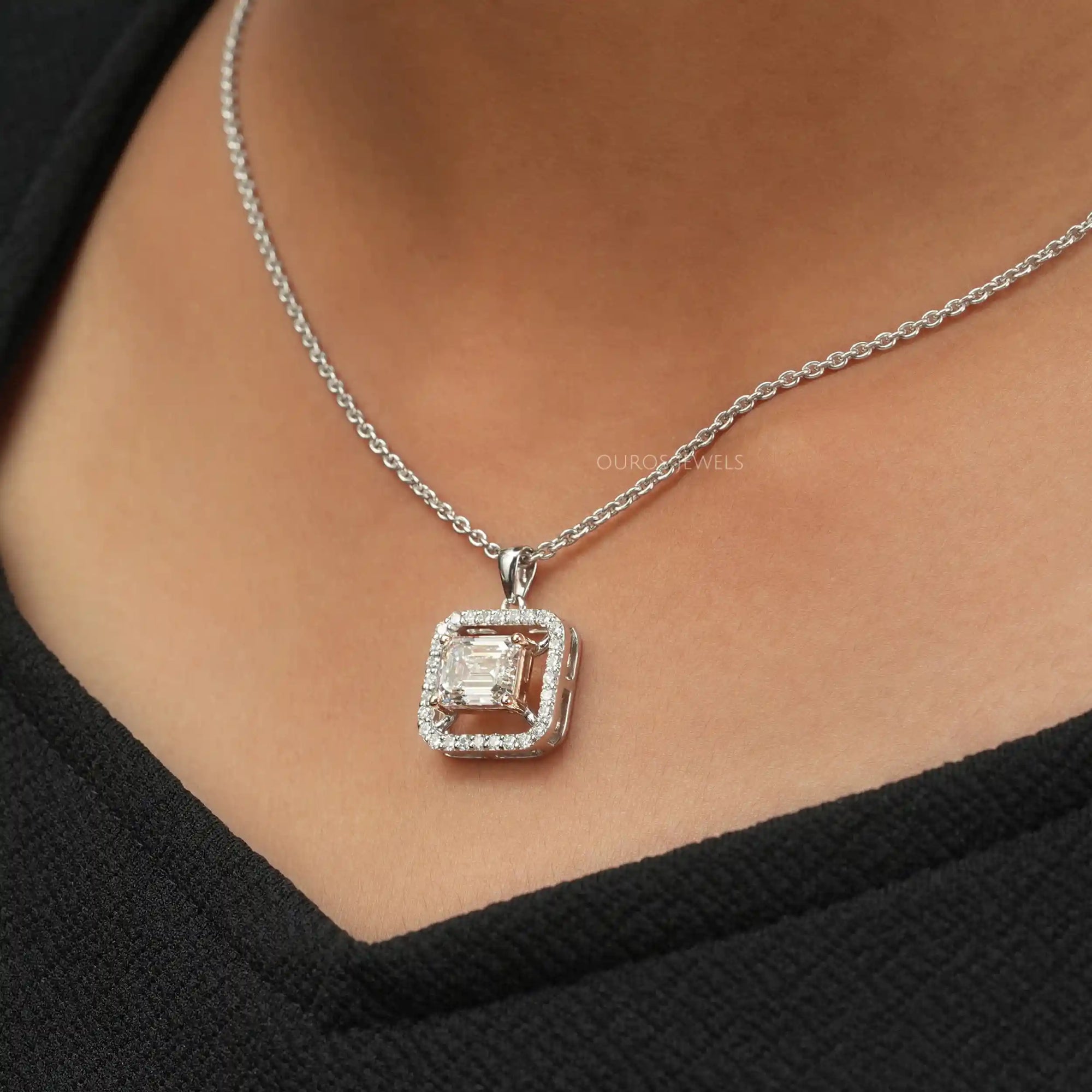 Emerald Cut Lab Grown Diamond Halo Pendant Necklaces