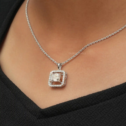 Emerald Cut Lab Grown Diamond Halo Pendant Necklaces
