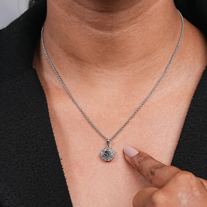 Double Halo Round Shape Brown Diamond Pendant