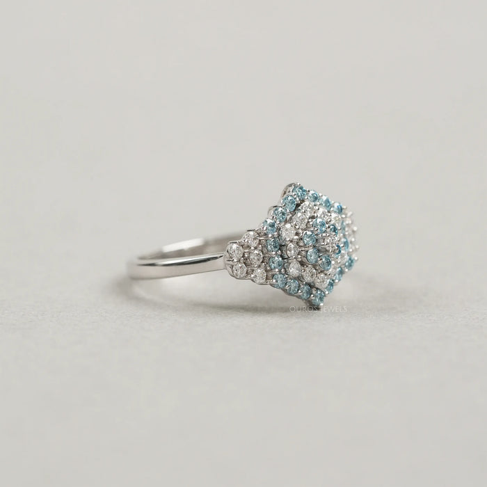 Fancy Blue Round Cut Cluster Lab Diamond Engagement Ring