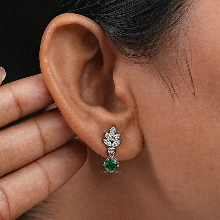 Green Gemstone Cushion And  Marquise  Drop  Earrings