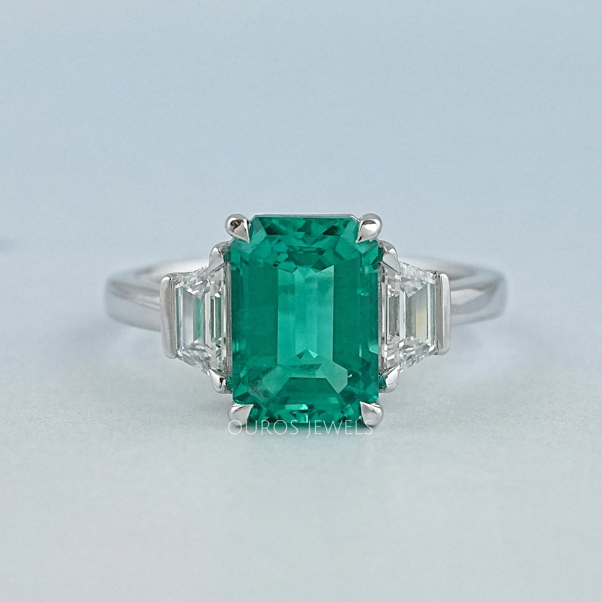 Green Emerald Cut With Trapezoid Diamond Ring Ring