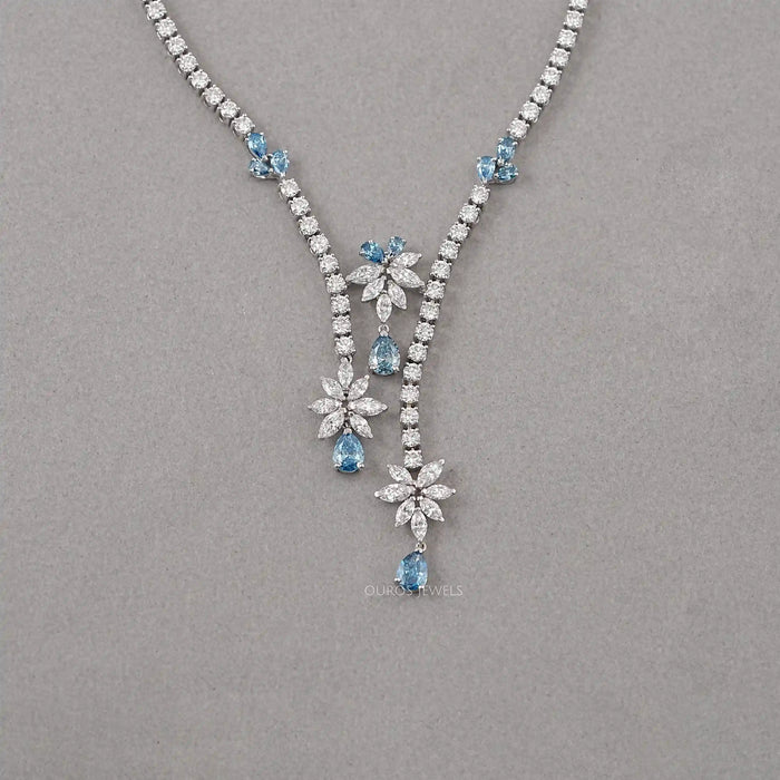 Lab Diamond And Blue Pear Diamond Cluster Necklace