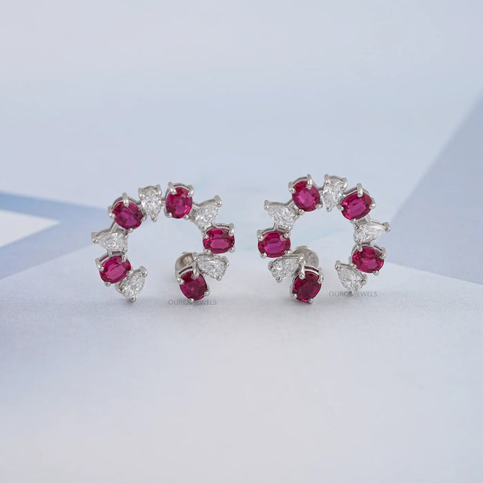 Pear and Red Oval Diamond Stud Earring