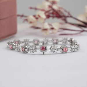 Flower And Pink Asscher Diamond Tennis Bracelet