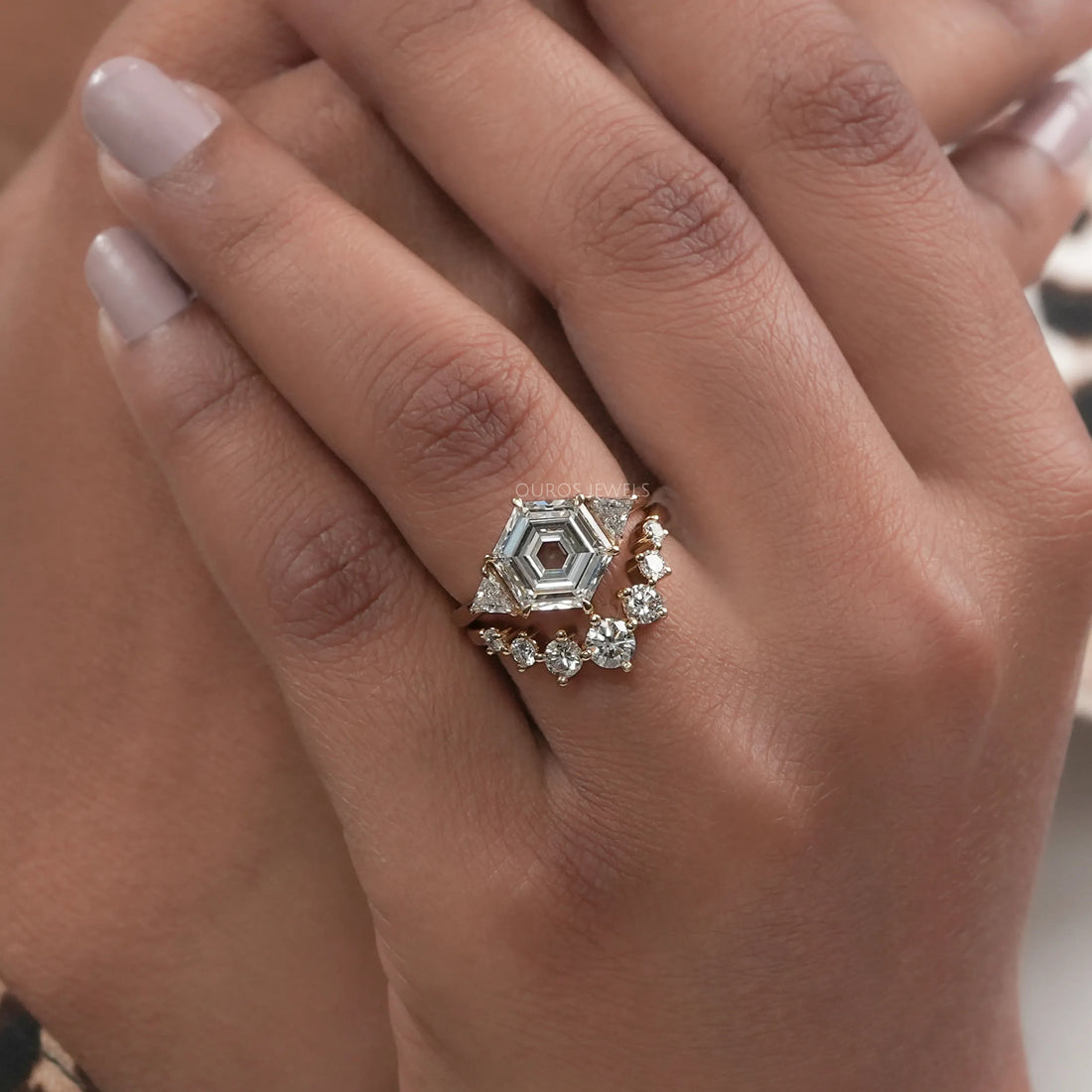 Antique Hexagon Cut Three Stone Curved Bridal Ring Set Rings