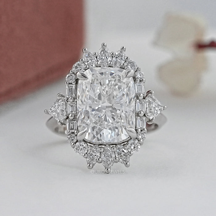 elongated cushion diamond with baguette and round halo wedding ring's front view