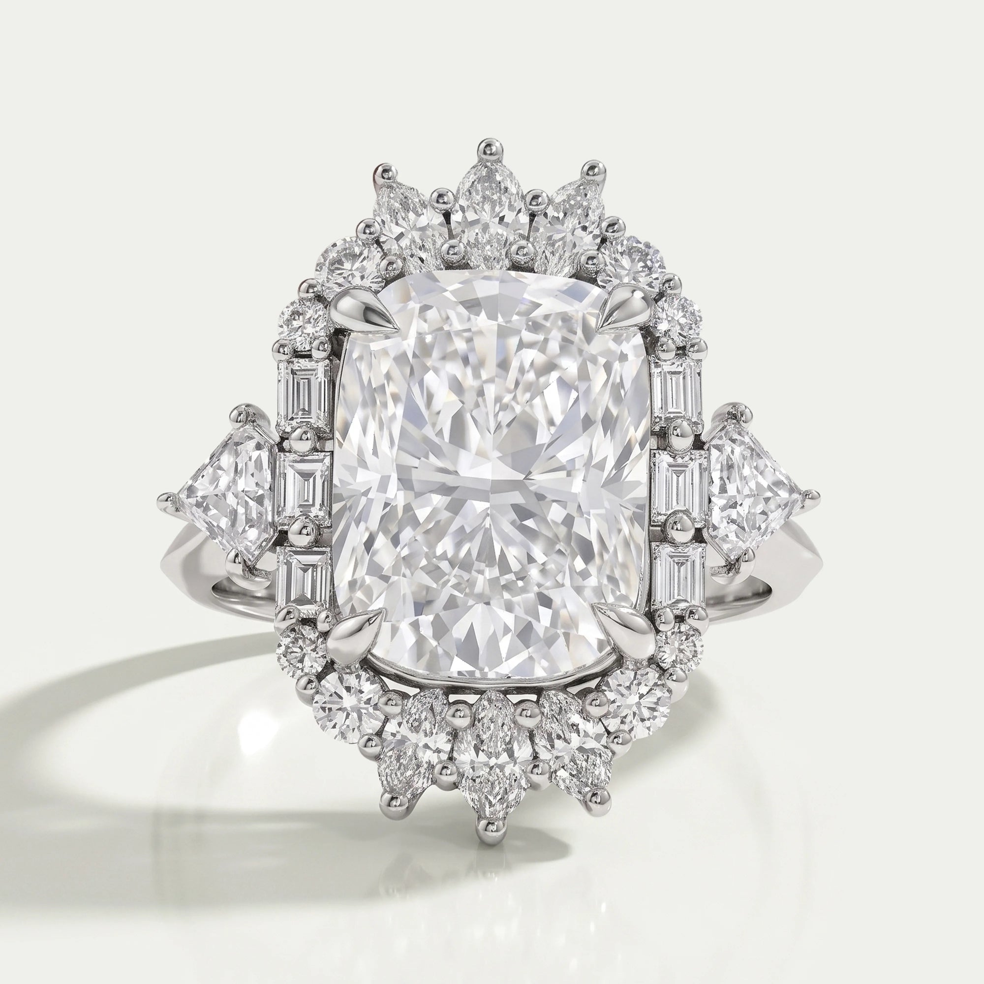 Elongated Cushion Halo Diamond With Baguette & Round Engagement Ring Rings