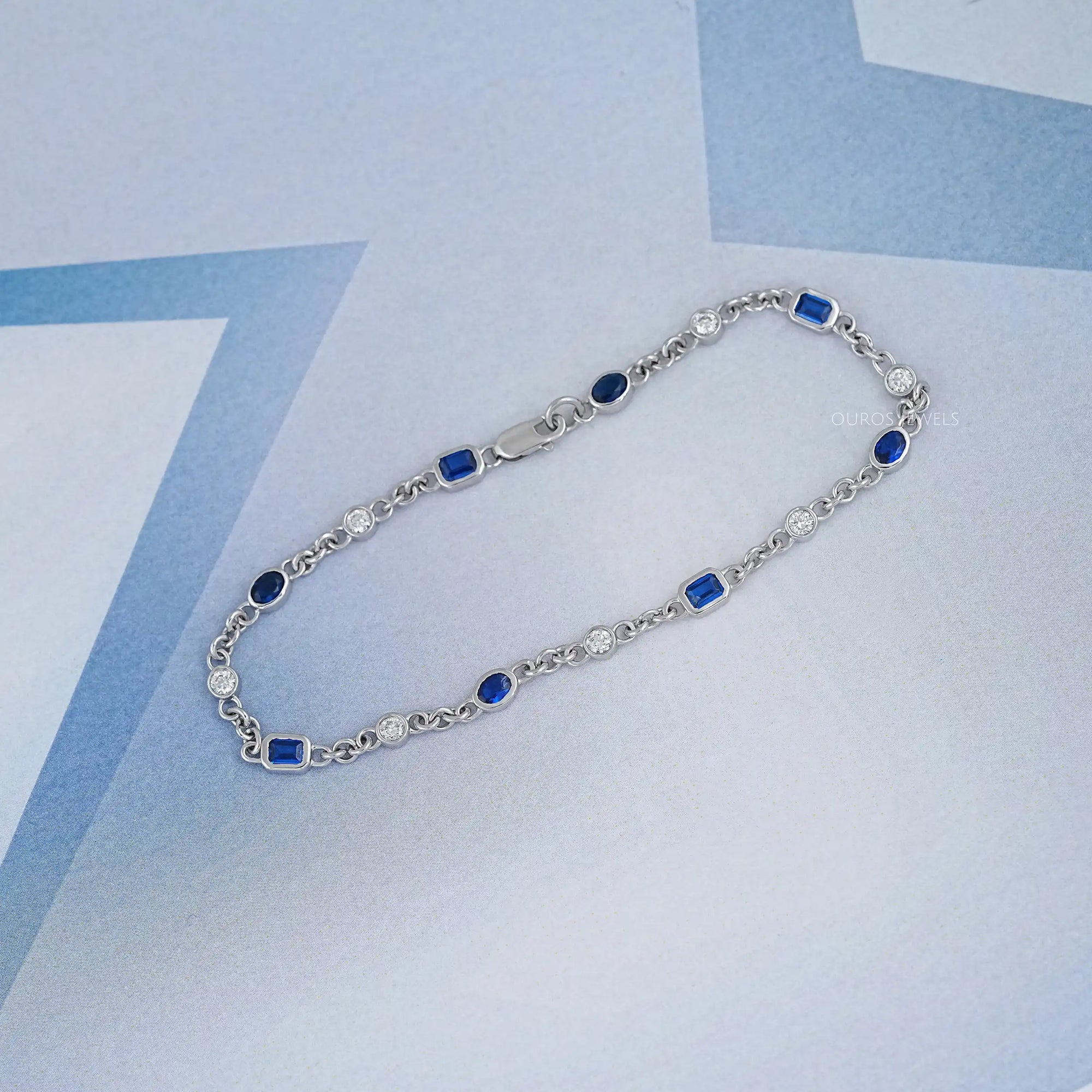 Sapphire Emerald Cut Gemstone Chain Bracelet